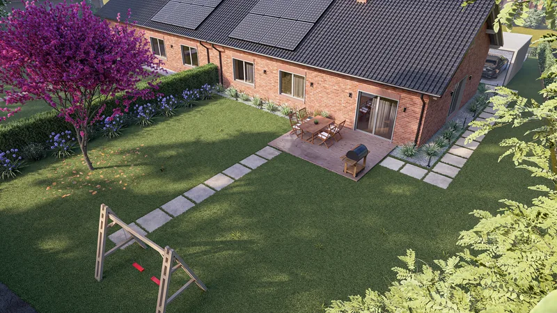 Luftansicht der Gartenseite mit Terrasse